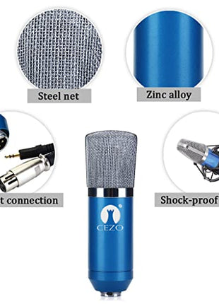 Cezo BM 800 Condenser Microphone All Set with V8 Sound Card, Boom Arm Stand, Pop Shield Recording Studio Equipment Full Set with 3.5mm Mic for Smartphones Live Streaming Youtubers (Blue) UAESHIPHUB