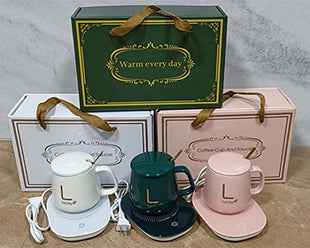 ''NK EBuy'' Ceramic Coffee/Tea Cup with Warmer & Also For The Other Beverages with Electric Hot Plate, Lid, Spoon & Beautiful Package Box. Automatic On/Off To Keep Temperature Up To 131℉/ 55℃. UAESHIPHUB