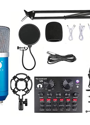 Cezo BM 800 Condenser Microphone All Set with V8 Sound Card, Boom Arm Stand, Pop Shield Recording Studio Equipment Full Set with 3.5mm Mic for Smartphones Live Streaming Youtubers (Blue) UAESHIPHUB