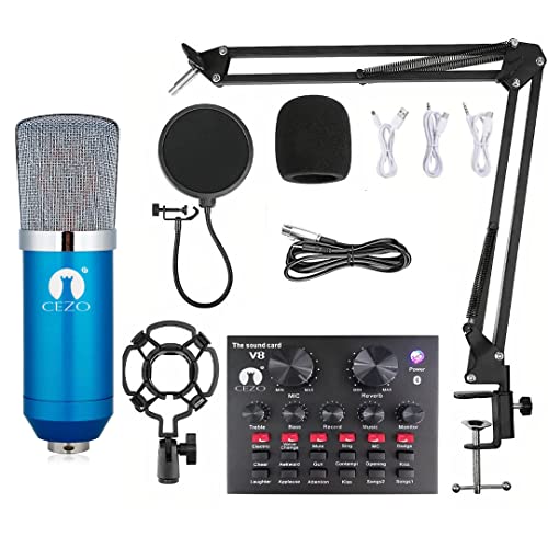 Cezo BM 800 Condenser Microphone All Set with V8 Sound Card, Boom Arm Stand, Pop Shield Recording Studio Equipment Full Set with 3.5mm Mic for Smartphones Live Streaming Youtubers (Blue) UAESHIPHUB