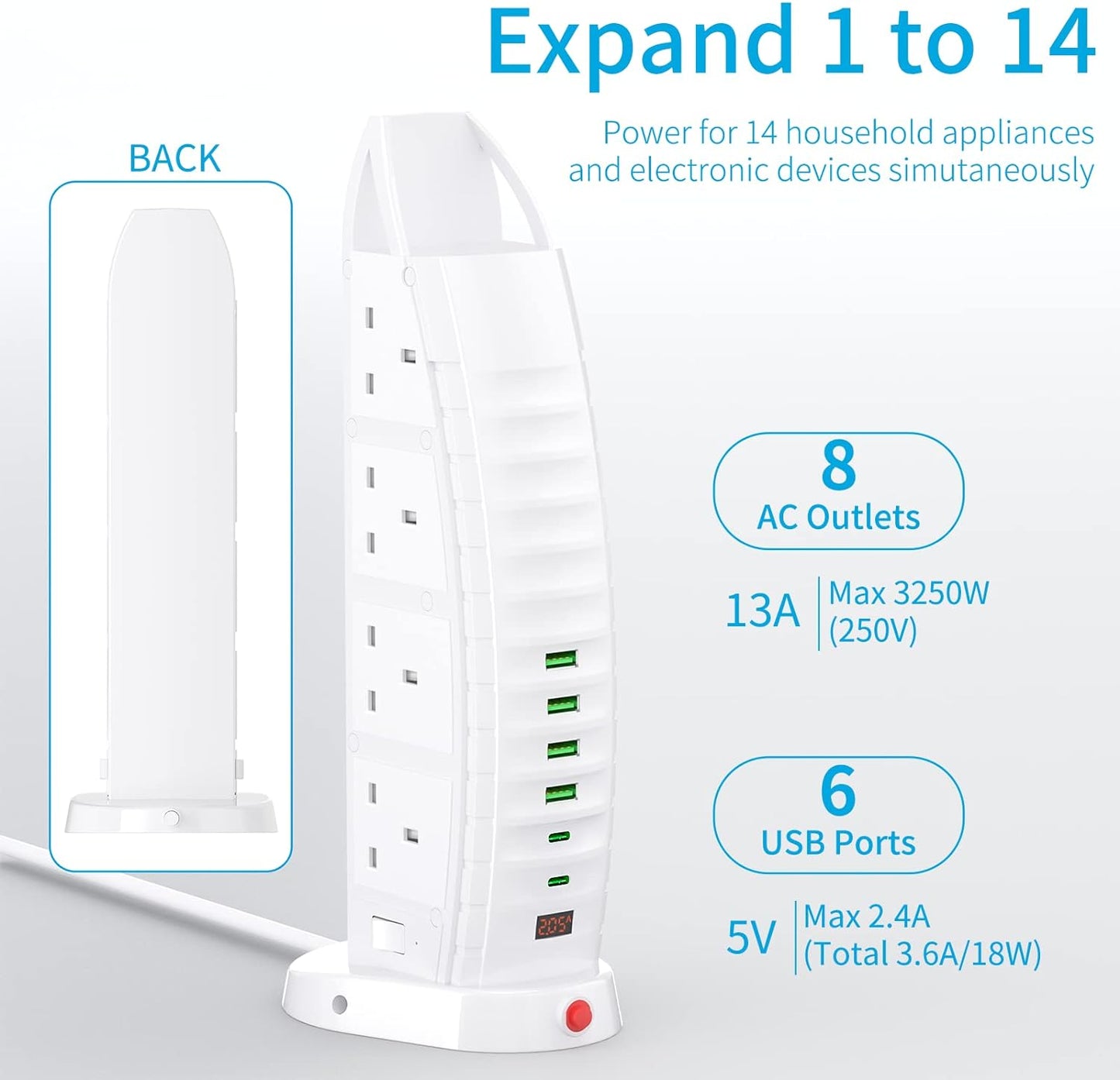 Extension Lead with USB, Tower Extension Cord 8 Way Outlets 6 USB UAE SHIP HUB