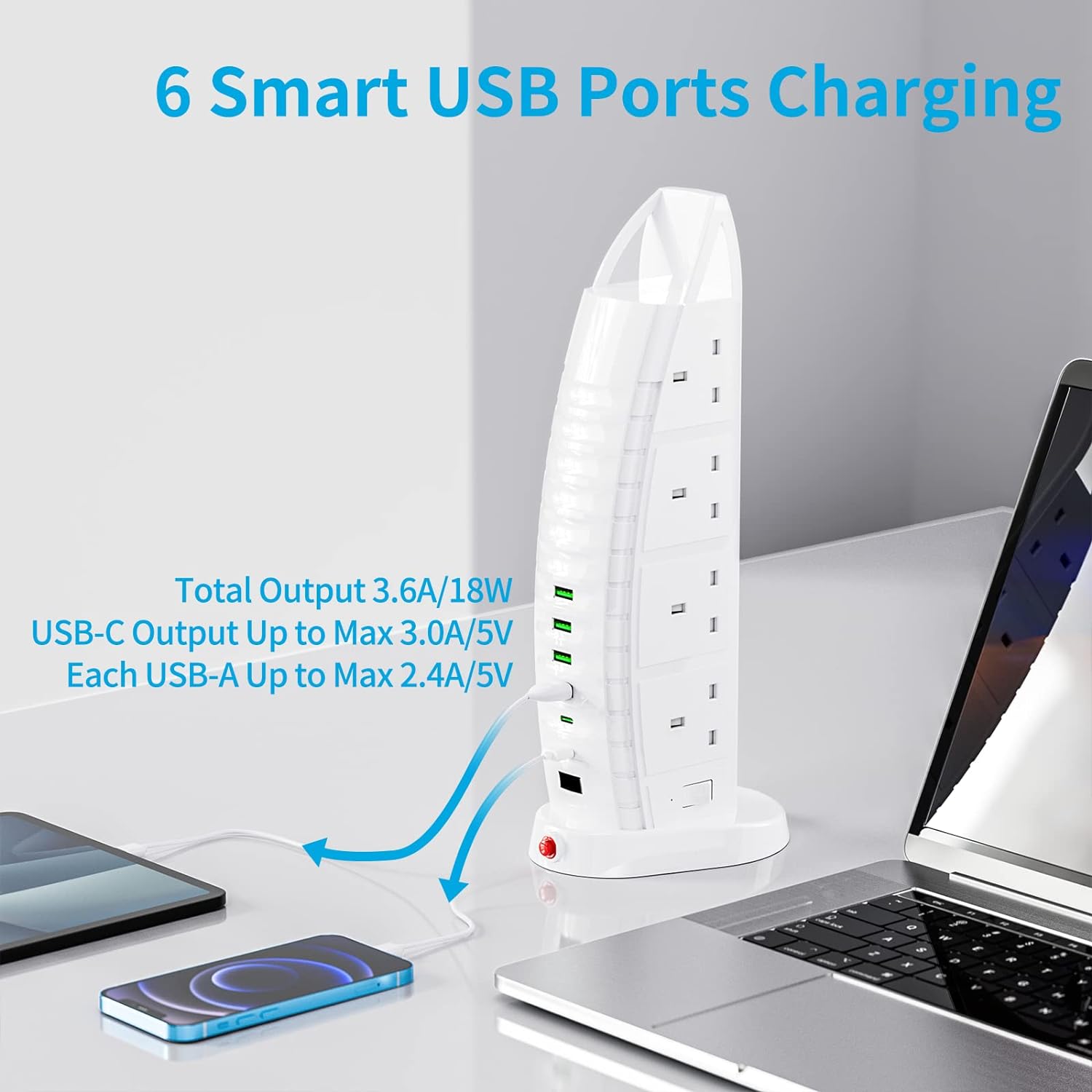 Extension Lead with USB, Tower Extension Cord 8 Way Outlets 6 USB UAE SHIP HUB