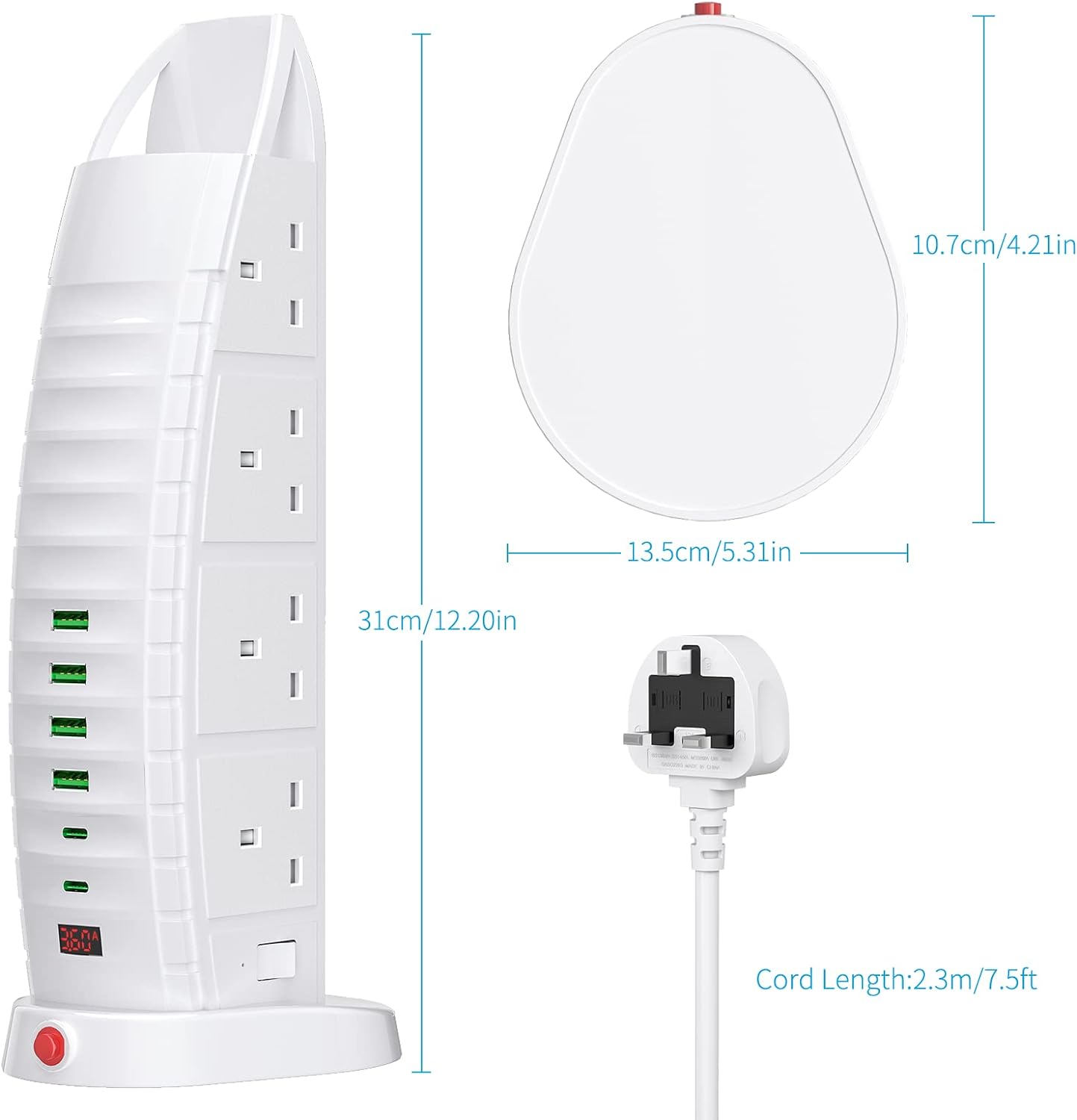 Extension Lead with USB, Tower Extension Cord 8 Way Outlets 6 USB UAE SHIP HUB