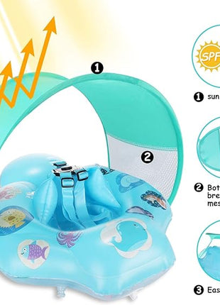 Baby Swimming Ring Floats , Inflatable Baby Swim Float with Removable Sun Protection Canopy Toddler Pool Float Ring for Age of 6-18 Months - Blue UAE SHIP HUB