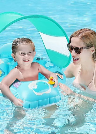 Baby Swimming Ring Floats , Inflatable Baby Swim Float with Removable Sun Protection Canopy Toddler Pool Float Ring for Age of 6-18 Months - Blue UAE SHIP HUB