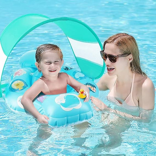 Baby Swimming Ring Floats , Inflatable Baby Swim Float with Removable Sun Protection Canopy Toddler Pool Float Ring for Age of 6-18 Months - Blue UAE SHIP HUB