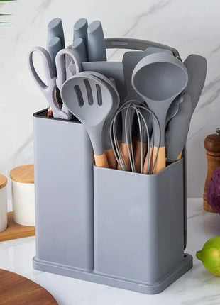 Kitchen Utensils Set of 19 Silicone Cooking Utensils with Holder Non stick Cookware Friendly And Heat Resistant Grey UAE SHIP HUB